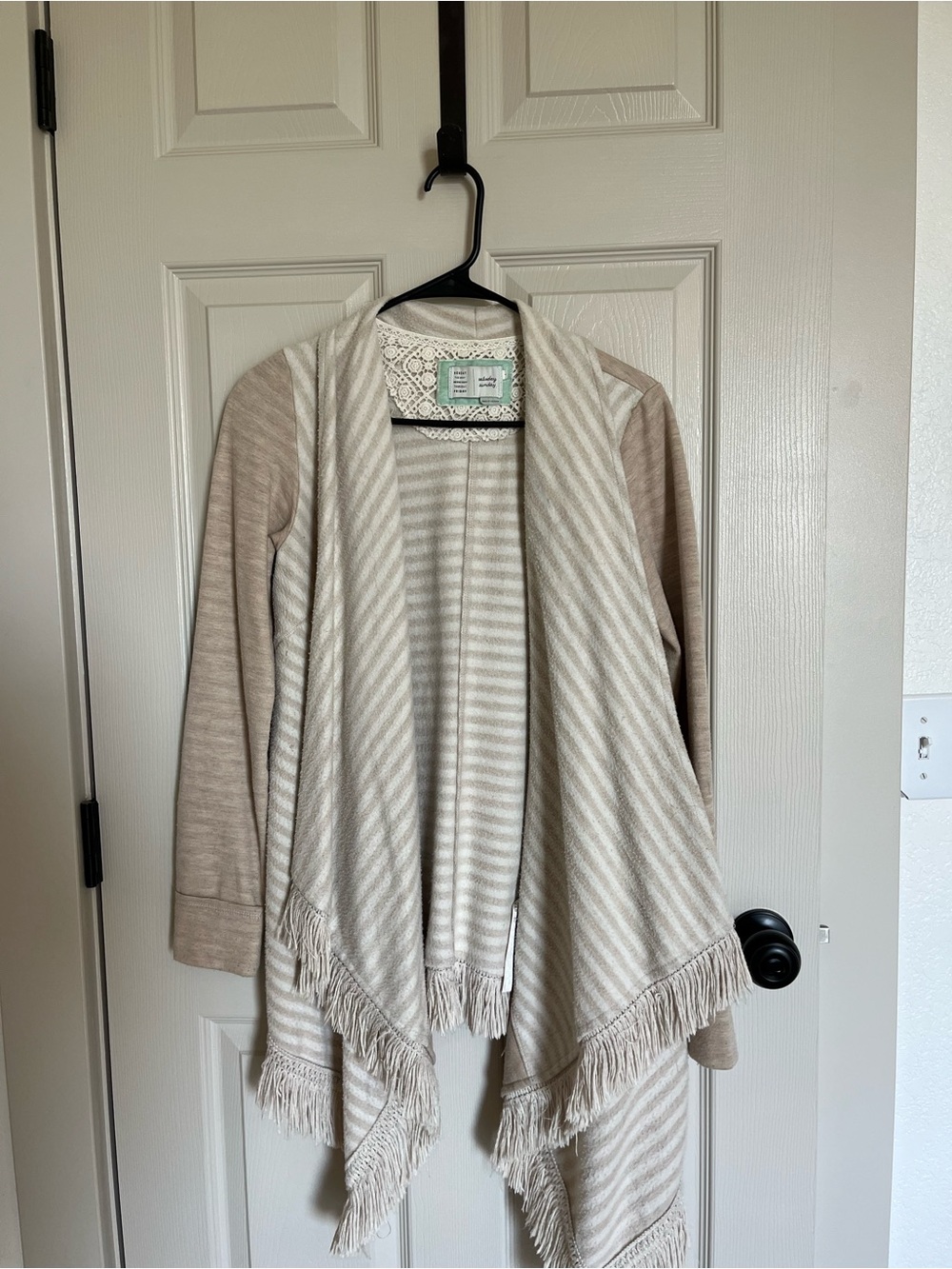 Anthropologie Beige and Cream Striped Fringe Draped Cardigan